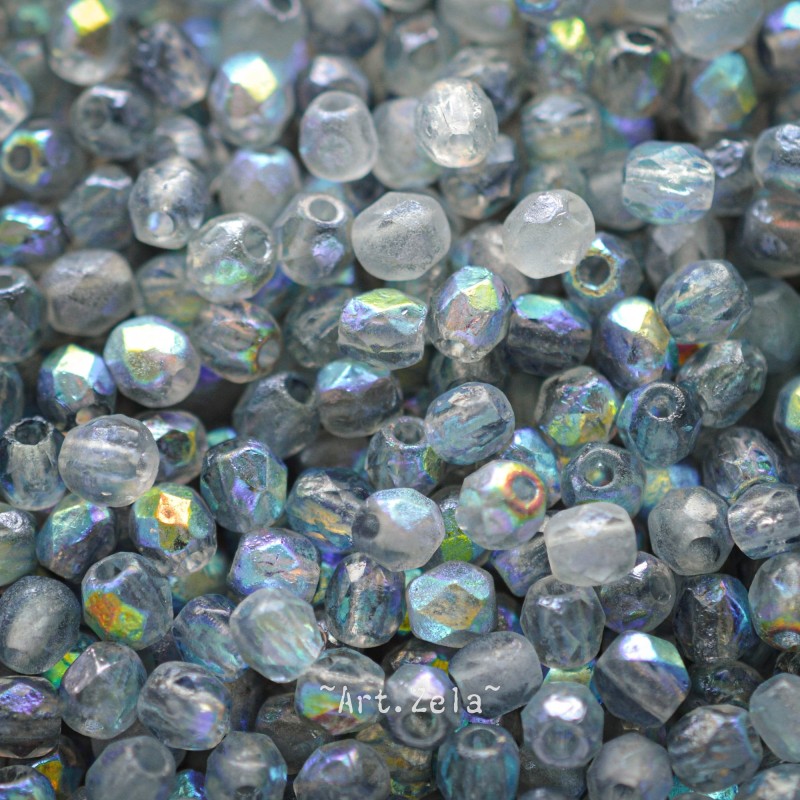 Facettes bleu gris irisé 4mm  X50 Perles verre tchèque texturé