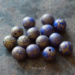 Perles rondes indigo doré 8mm X10 Perles verre tchèque texturé