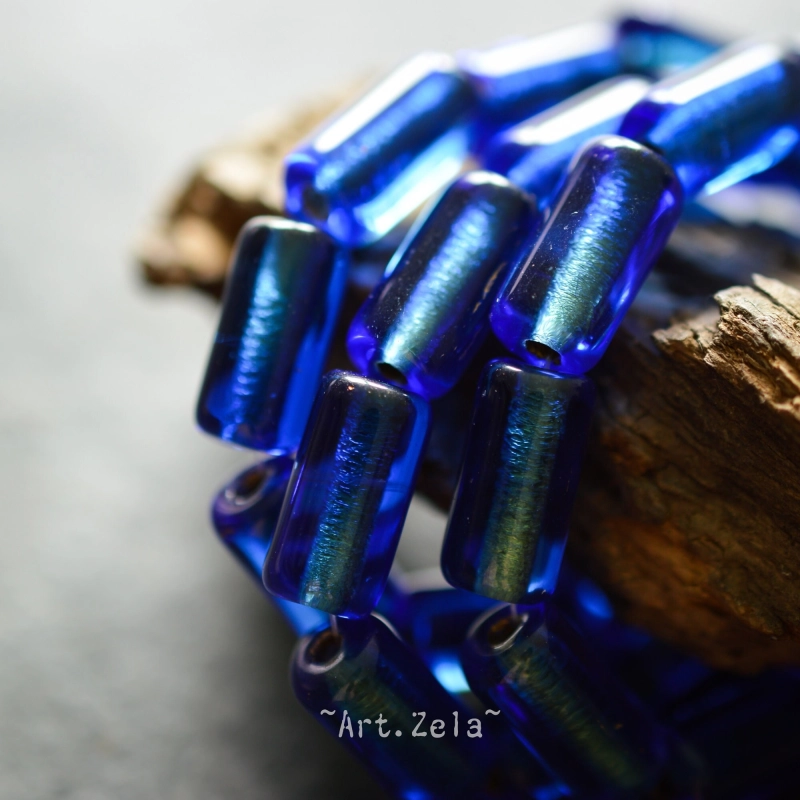Tubes bleu saphir 14mm  X4 Perles verre tchèque premium