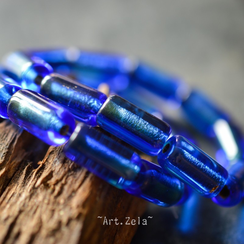 Tubes bleu saphir 14mm  X4 Perles verre tchèque premium