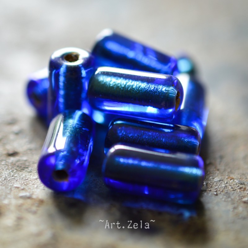 Tubes bleu saphir 14mm  X4 Perles verre tchèque premium