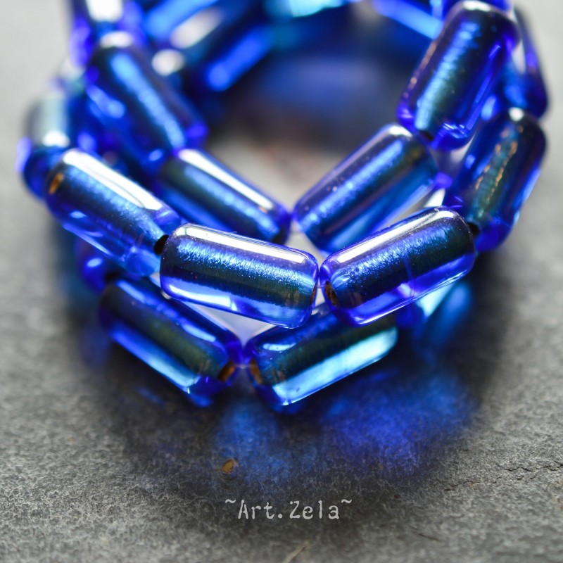 Tubes bleu saphir 14mm  X4 Perles verre tchèque premium