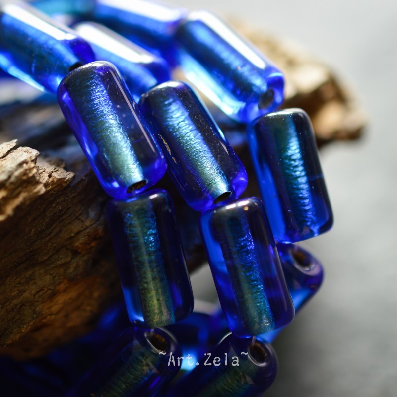 Tubes bleu saphir 14mm  X4 Perles verre tchèque premium