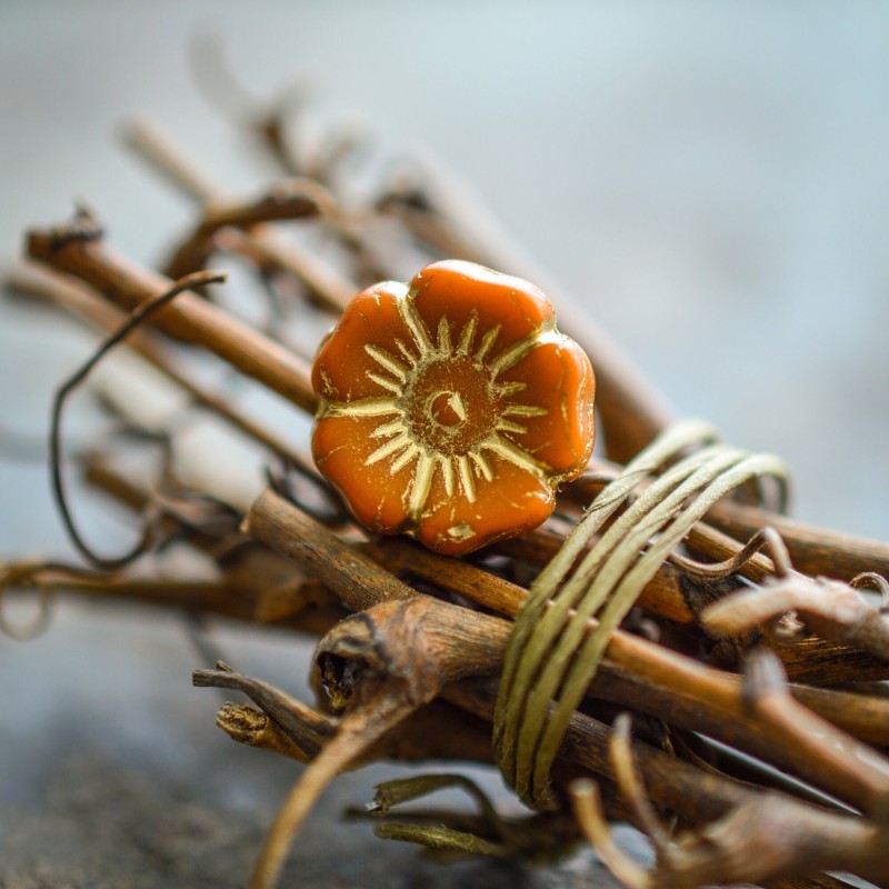 Fleurs hibiscus orangé bronze 12mm X6 Perles verre tchèque opaque