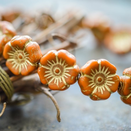 Fleurs hibiscus orangé bronze 12mm X6 Perles verre tchèque opaque