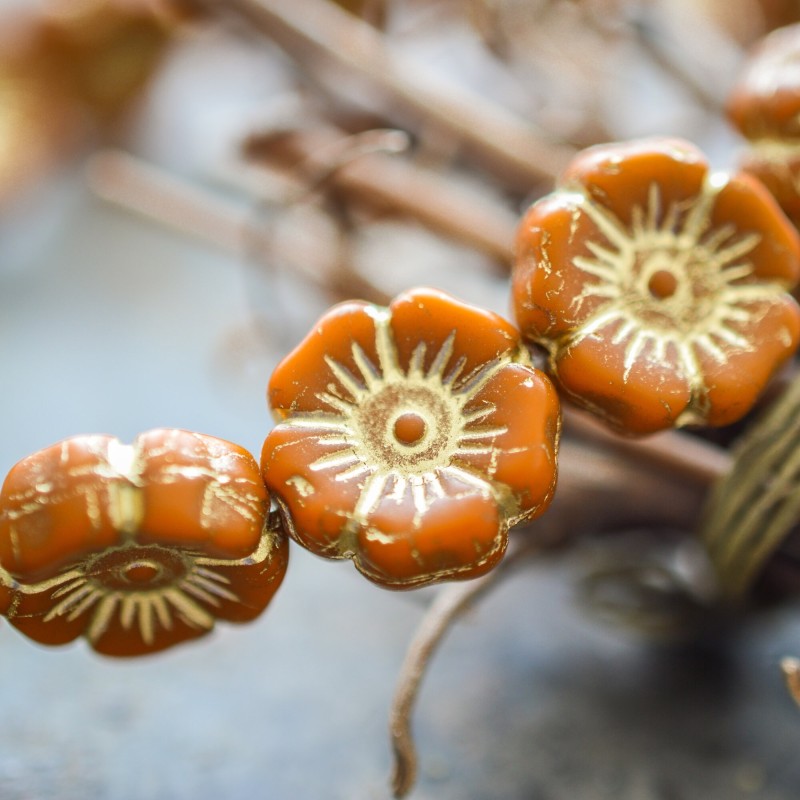 Fleurs hibiscus orangé bronze 12mm X6 Perles verre tchèque opaque