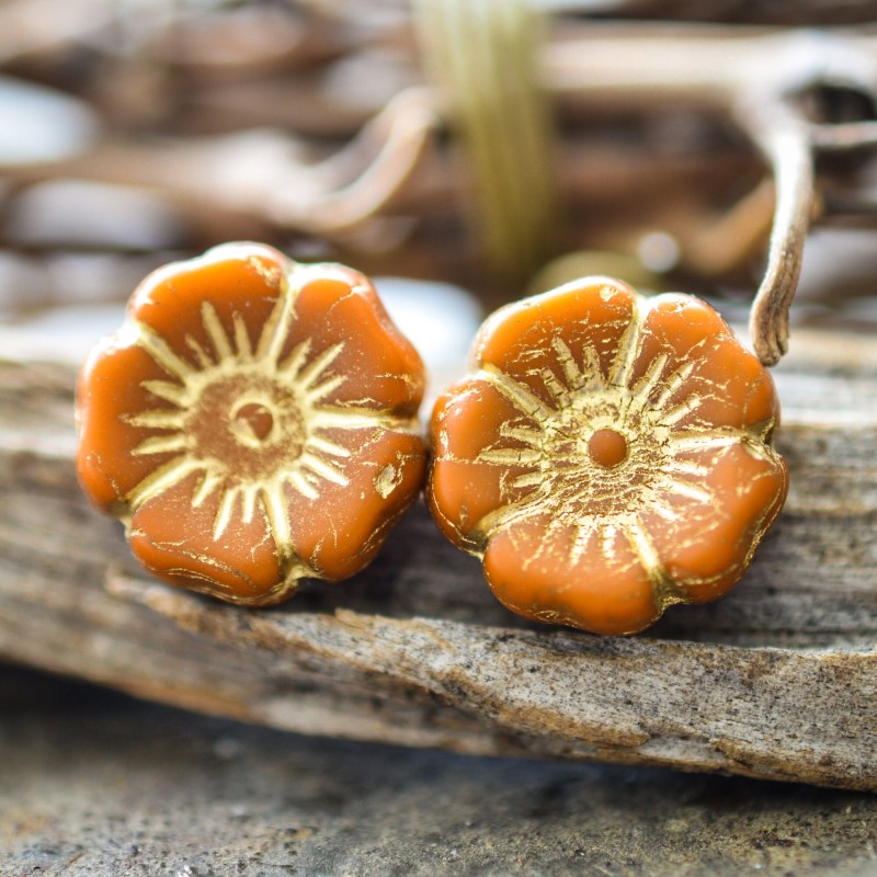 Fleurs hibiscus orangé bronze 12mm X6 Perles verre tchèque opaque