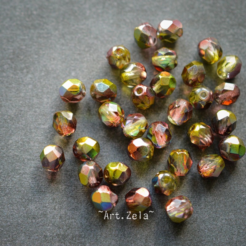 Facettes vert prune 6mm X20 Perles verre tchèque métallisé