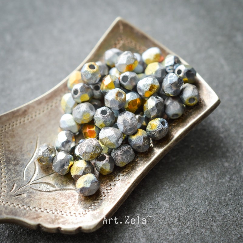 Facettes gris vitrail 4mm X40 Perles verre tchèque texturé