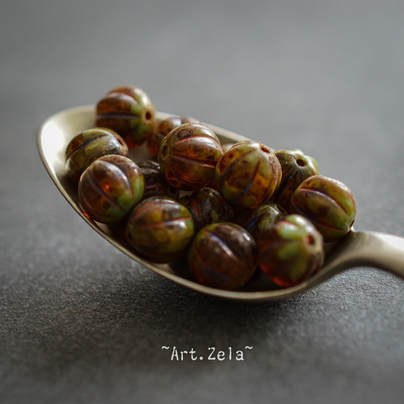 Melons ambre vert terreux 8mm X8 Perles verre tchèque Picasso