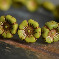 Perles hawaïennes vert chartreuse 12mm X6 Perles verre tchèque cuivré