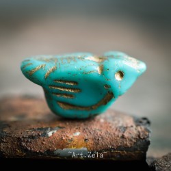 Oiseau turquoise doré 22mm X1 Perle verre tchèque opaque