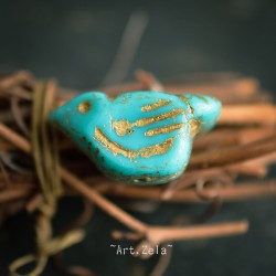 Oiseau turquoise doré 22mm X1 Perle verre tchèque opaque