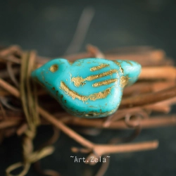 Oiseau turquoise doré 22mm X1 Perle verre tchèque opaque