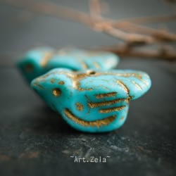 Oiseau turquoise doré 22mm X1 Perle verre tchèque opaque