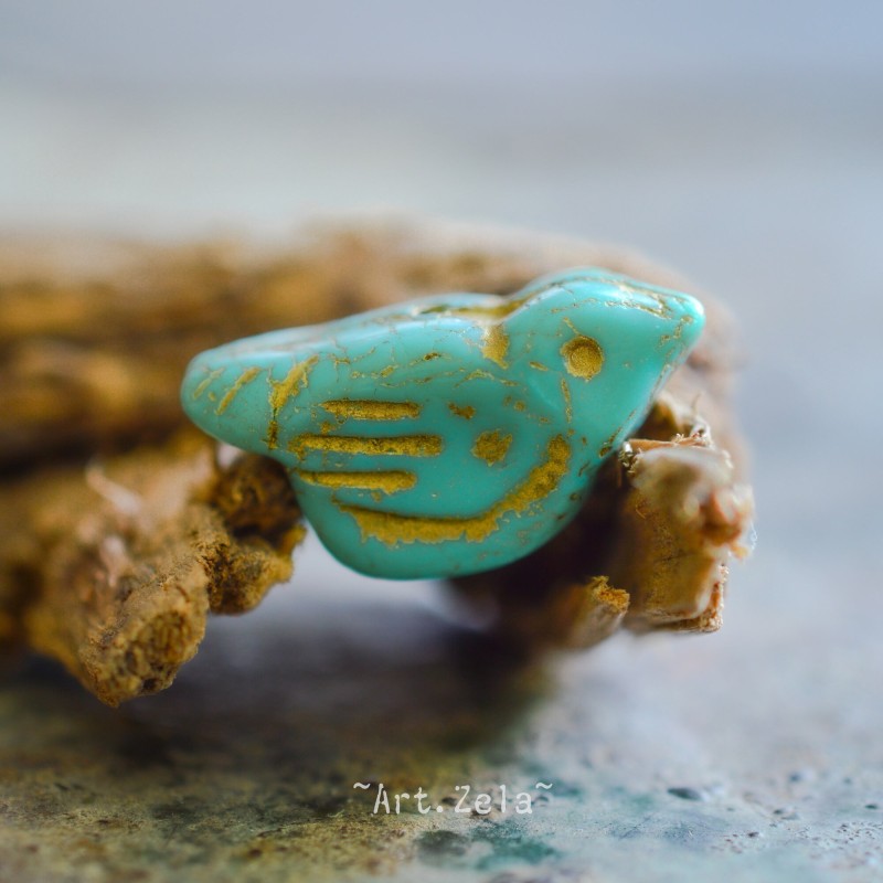 Oiseau turquoise doré 22mm X1 Perle verre tchèque opaque