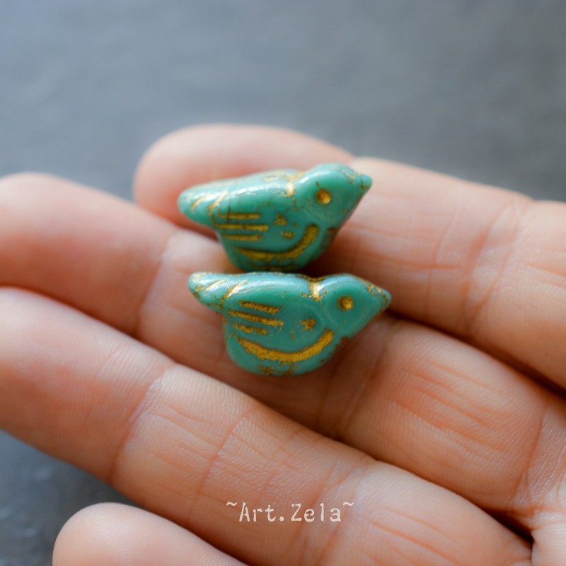 Oiseau turquoise doré 22mm X1 Perle verre tchèque opaque