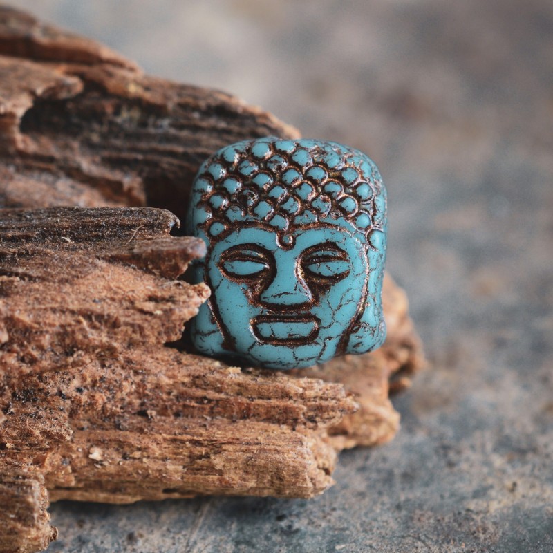 Bouddha bleu cuivre 14mm X2 Perles verre tchèque mat