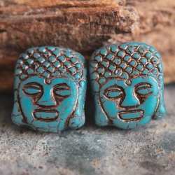 Bouddha bleu cuivre 14mm X2 Perles verre tchèque mat