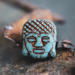 Bouddha bleu cuivre 14mm X2 Perles verre tchèque mat