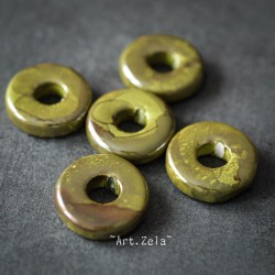 Rondelles vert olivine 18mm X4 Perles céramique émaillée