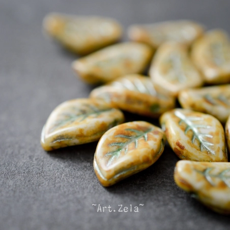 Feuilles ivoire turquoise Picasso 14mm X10 Perles verre tchèque