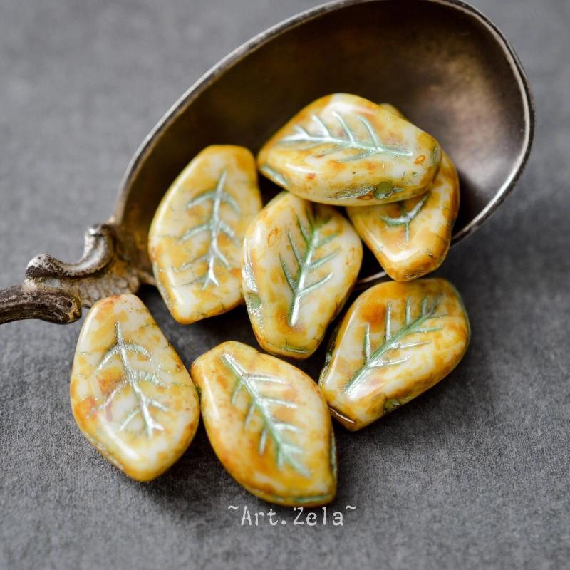 Feuilles ivoire turquoise Picasso 14mm X10 Perles verre tchèque