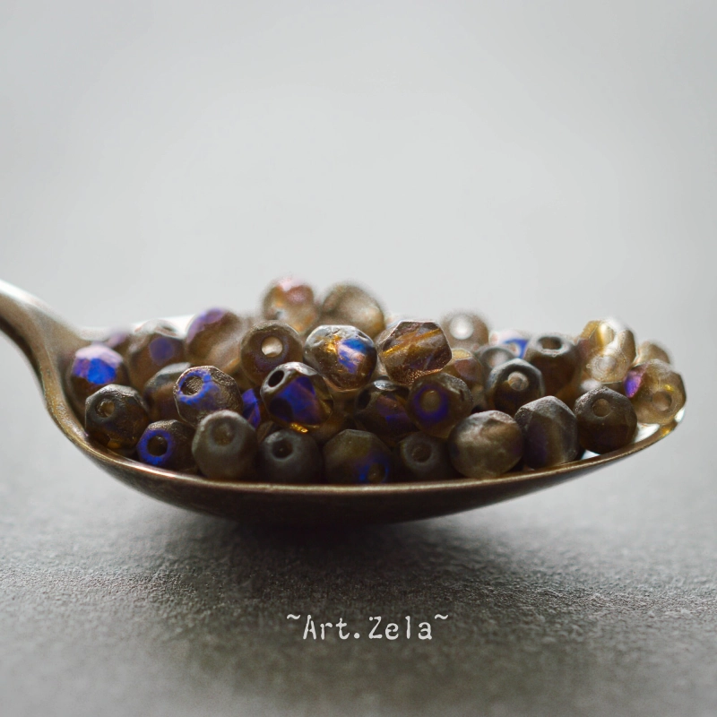 Facettes azur bronze X50 Perles verre tchèque texturé