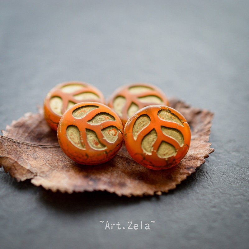 Monstera orange bronze 14mm X4 Perles verre tchèque opaque