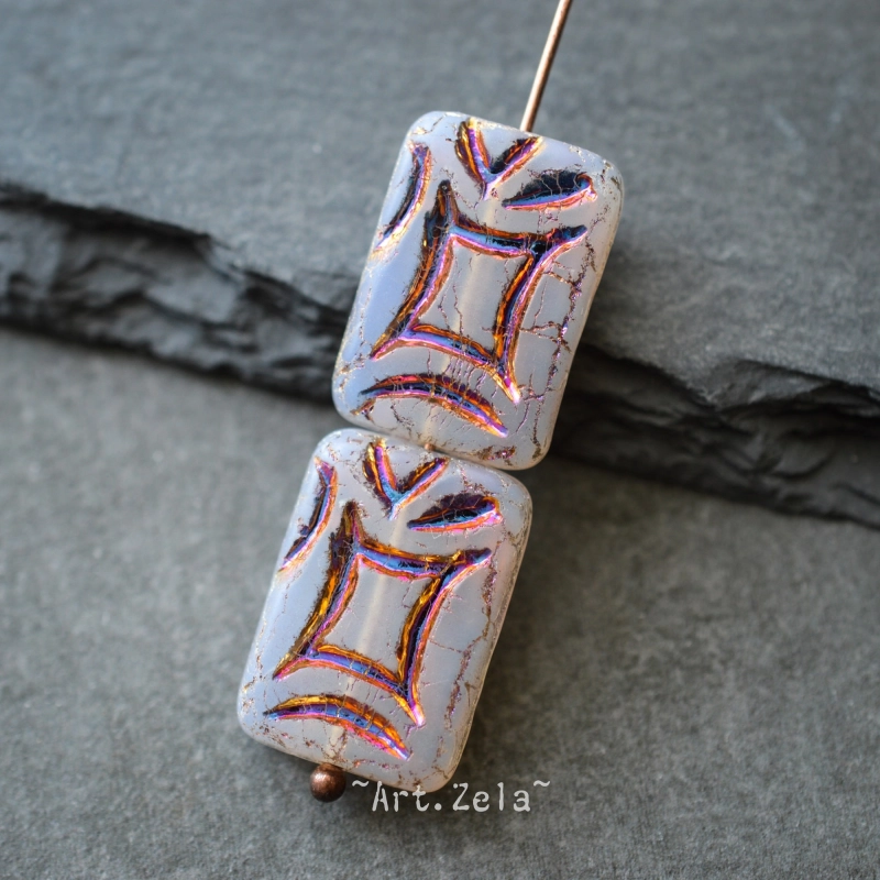 Perle rectangle blanc-gris irisé 19mm X2 Perles verre tchèque dépoli