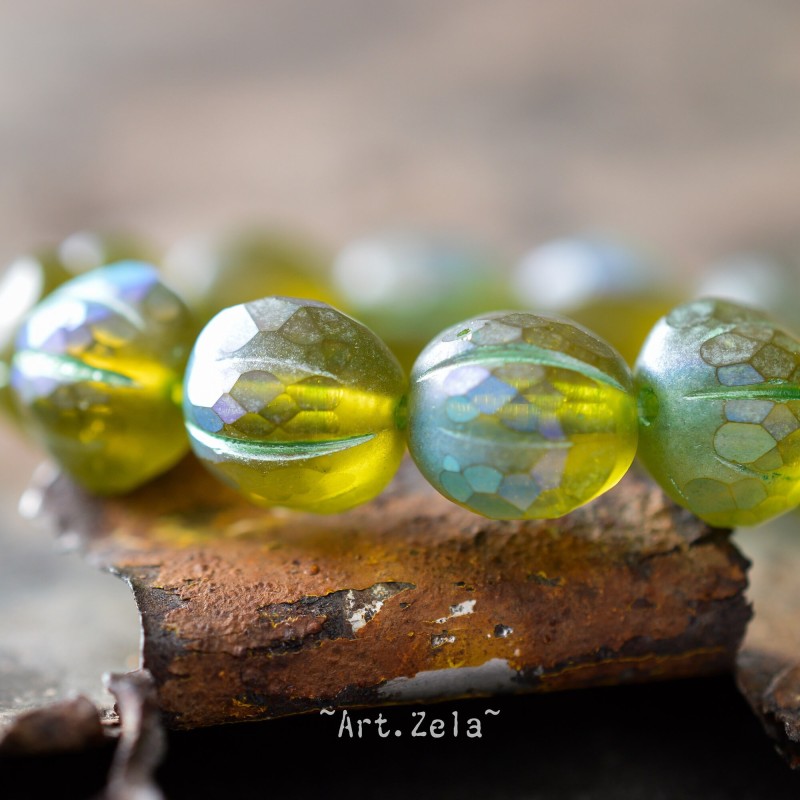 Melons facettés vert Péridot 10mm X4 Perles verre tchèque