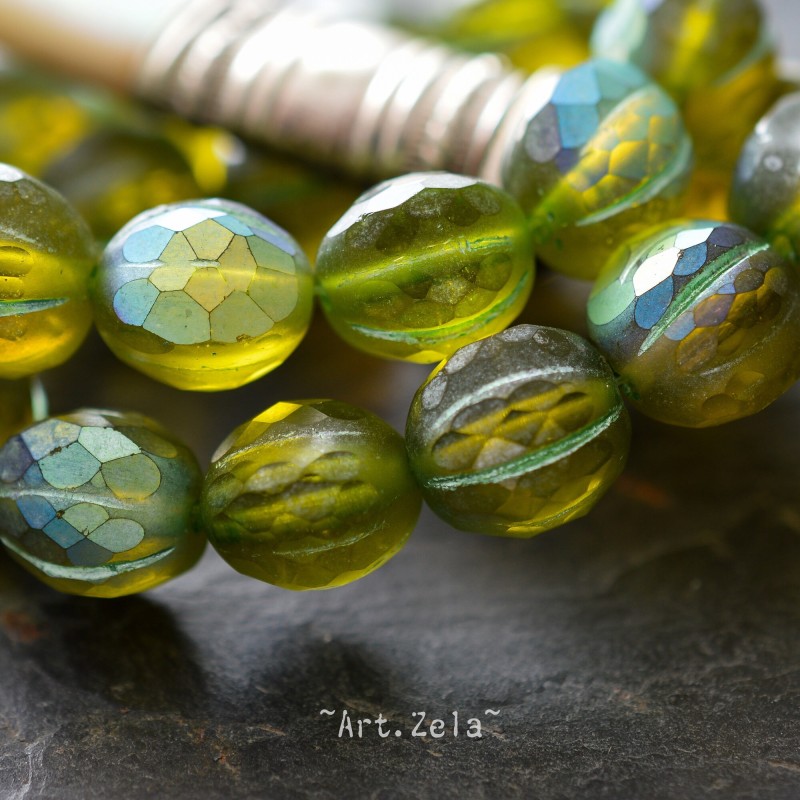 Melons facettés vert Péridot 10mm X4 Perles verre tchèque