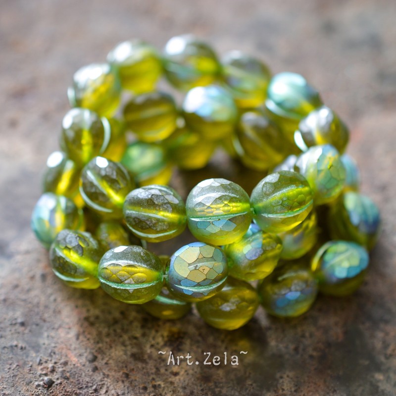 Melons facettés vert Péridot 10mm X4 Perles verre tchèque