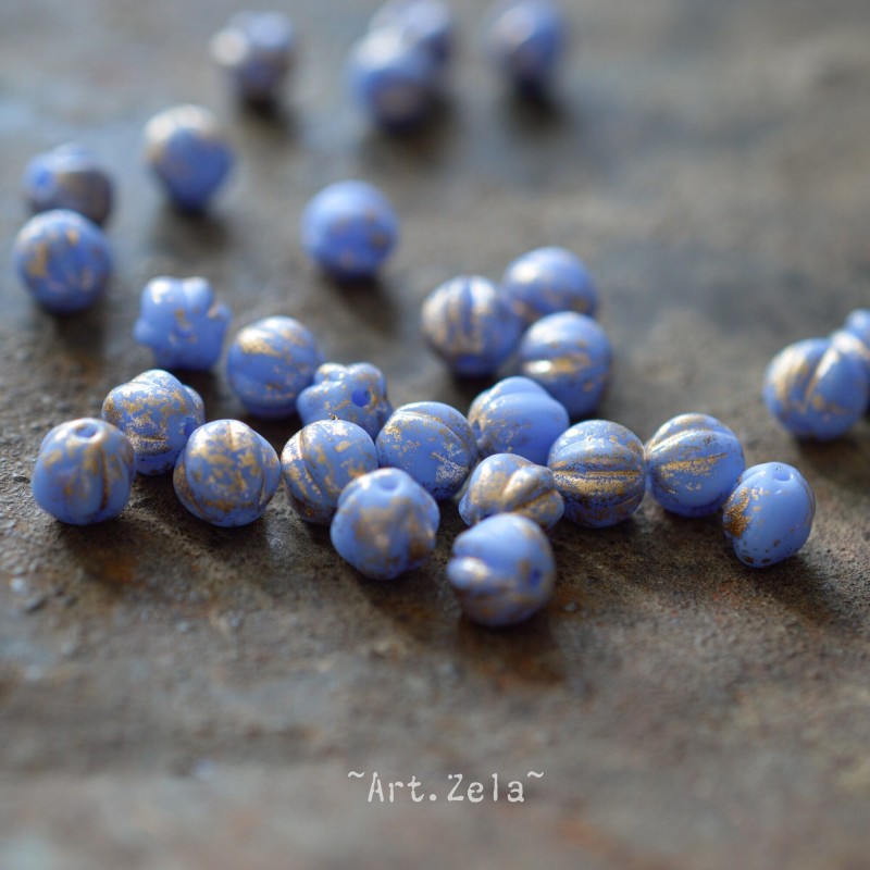 Melons bleu ciel doré 6mm X15 Perles verre tchèque opaque