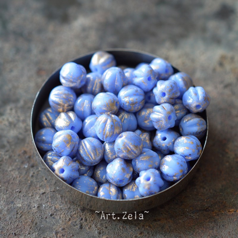 Melons bleu ciel doré 6mm X15 Perles verre tchèque opaque