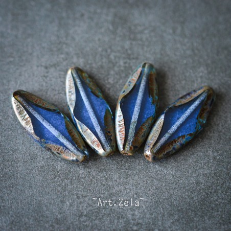 Perles ovales bleu Picasso 25mm X4 Perles verre tchèque motif losange