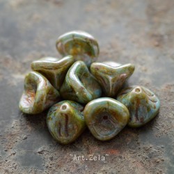 Clochettes bleu vert Picasso 12mm X6 Perles verre tchèque lustré