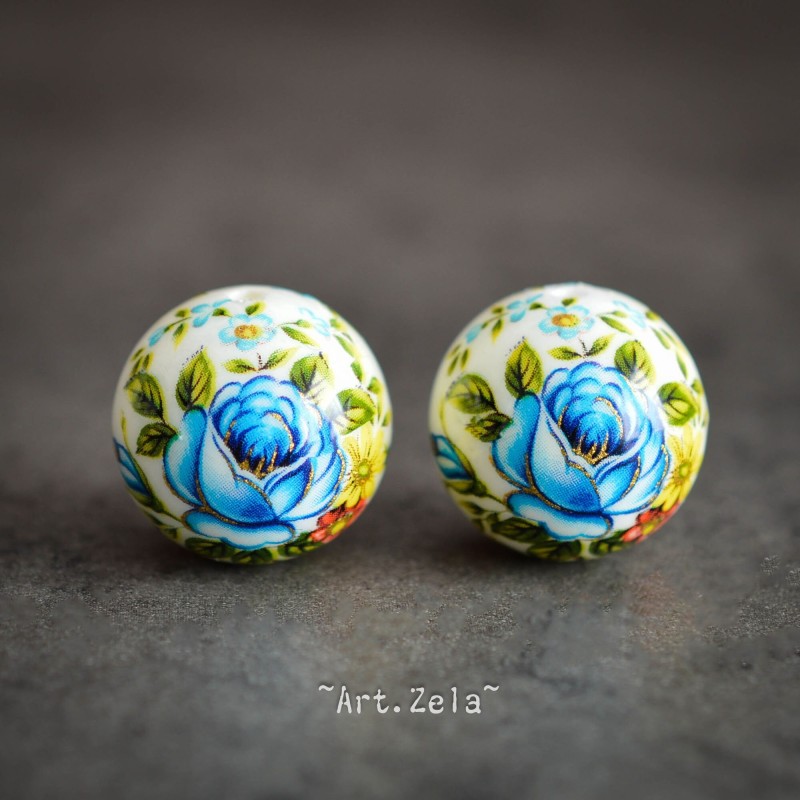 Tensha fleurs bleues 16mm X1 Perle artisanale japonaise résine