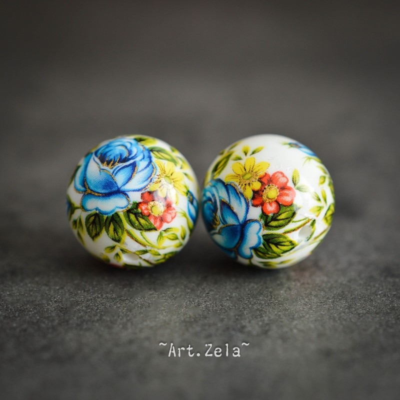 Tensha fleurs bleues 16mm X1 Perle artisanale japonaise résine