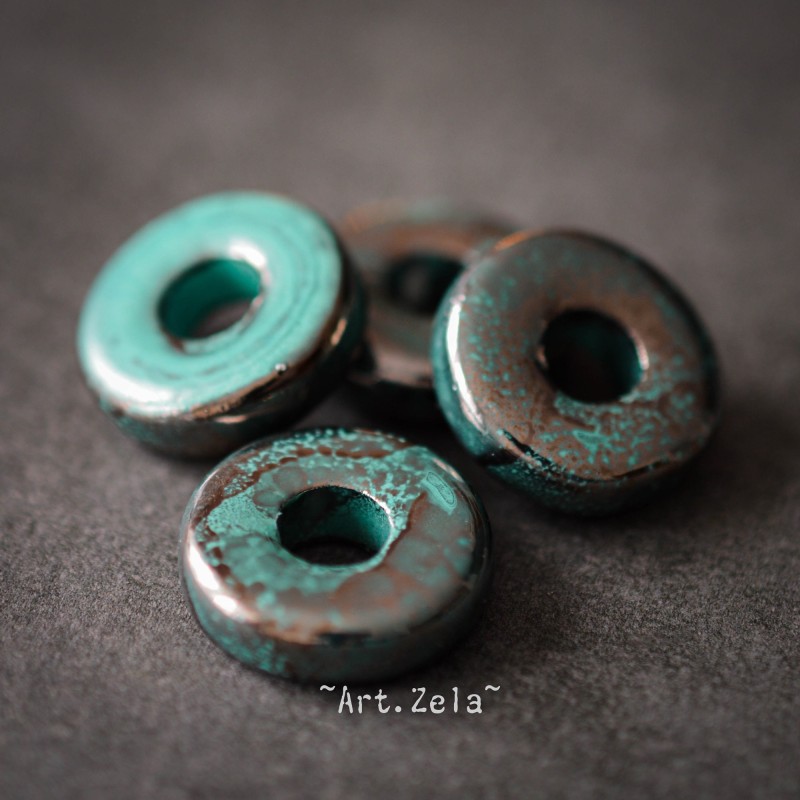 Rondelles lagon turquoise 18mm X4 Perles céramique émaillée