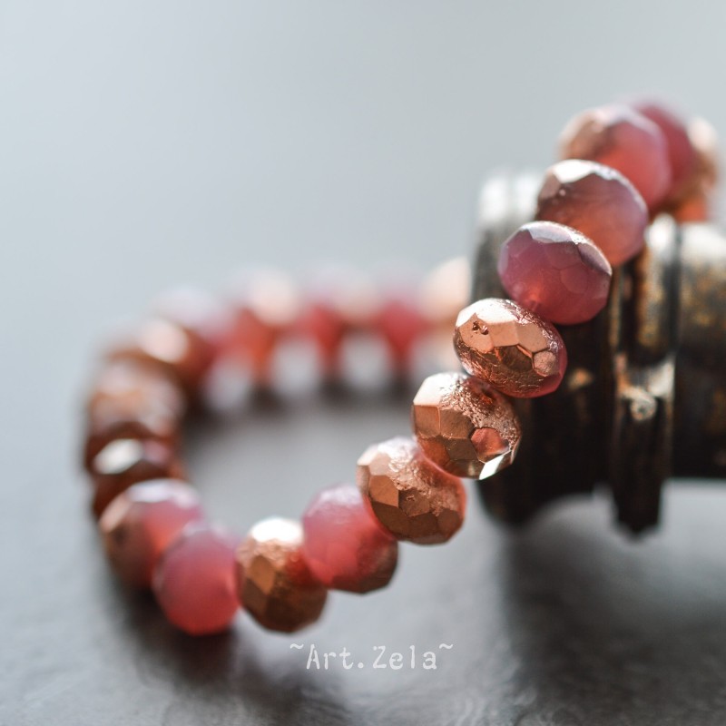 Rondelles rose pêche cuivré 8x6mm X10 Perles verre tchèque texturé