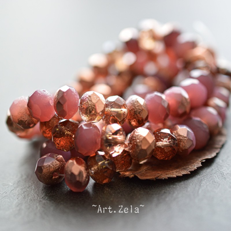 Rondelles rose pêche cuivré 8x6mm X10 Perles verre tchèque texturé