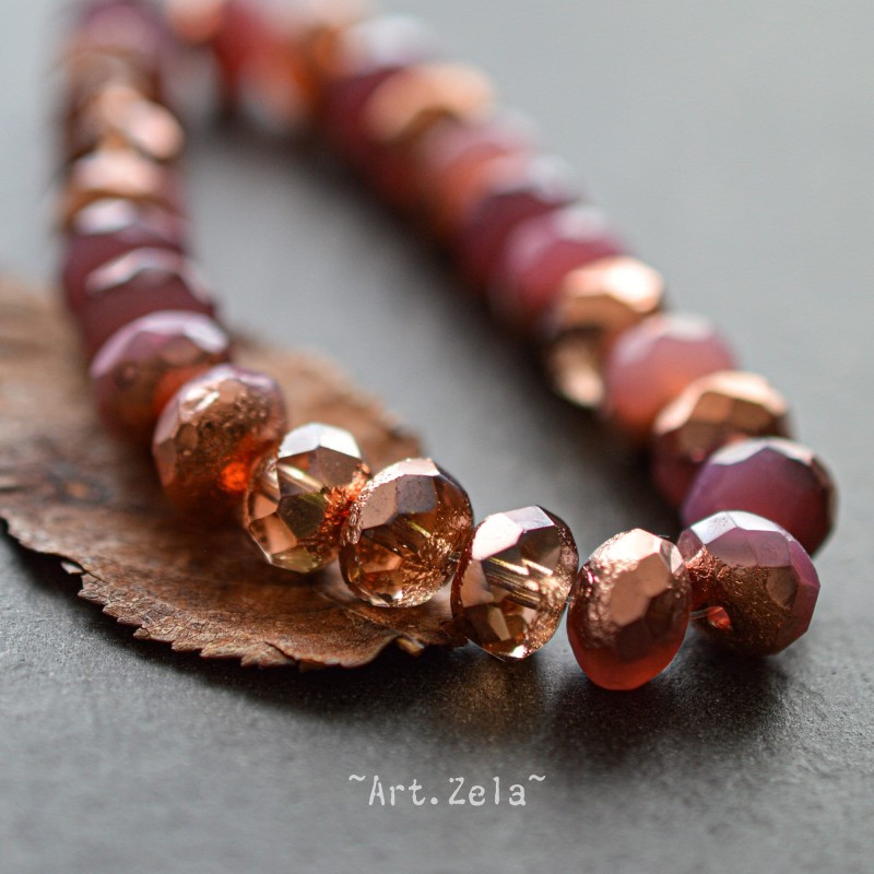 Rondelles rose pêche cuivré 8x6mm X10 Perles verre tchèque texturé
