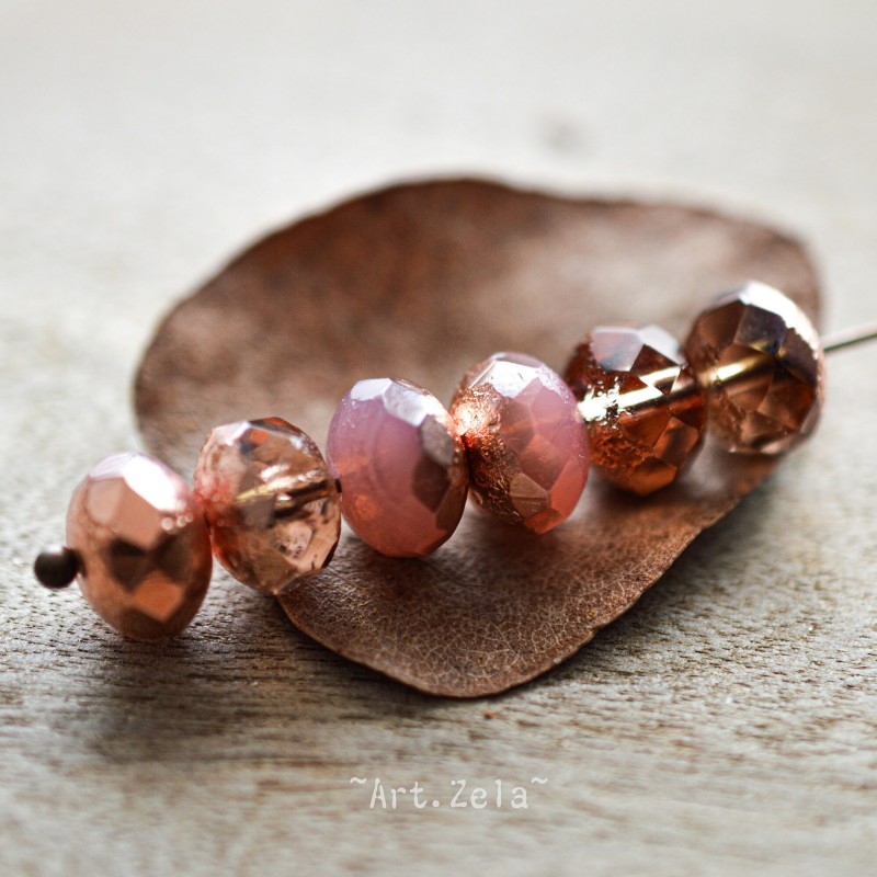 Rondelles rose pêche cuivré 8x6mm X10 Perles verre tchèque texturé