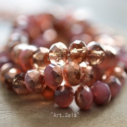 Rondelles rose pêche cuivré 8x6mm X10 Perles verre tchèque texturé
