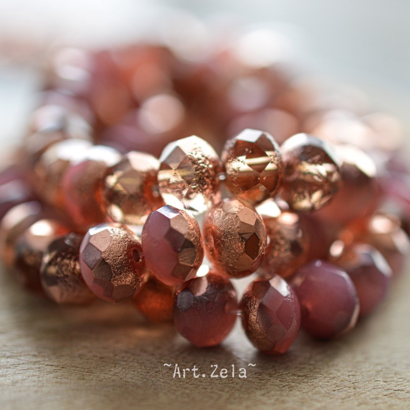 Rondelles rose pêche cuivré 8x6mm X10 Perles verre tchèque texturé
