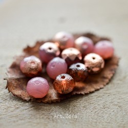 Rondelles rose pêche cuivré 8x6mm X10 Perles verre tchèque texturé