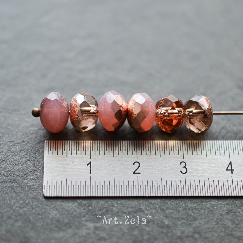 Rondelles rose pêche cuivré 8x6mm X10 Perles verre tchèque texturé