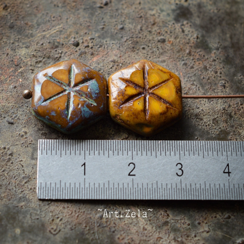 Perles étoiles ocre brun Picasso 18mm X2 Perles verre tchèque gravé