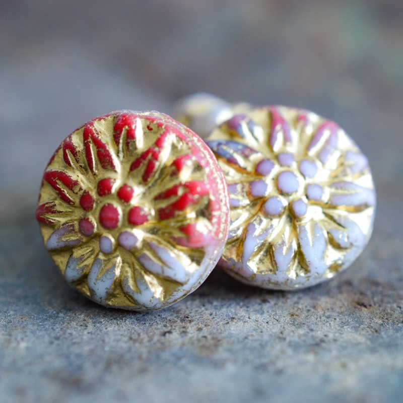 Dahlias rouge beige 15mm X4 Perles verre tchèque premium